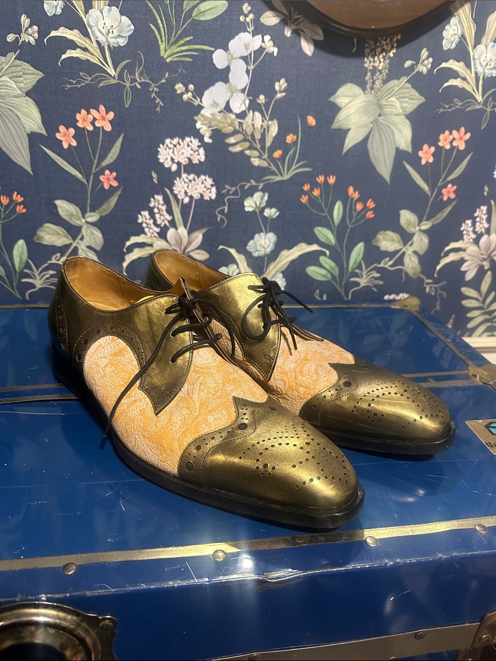 John Fluevog Gold and Peach Two-Tone Brogue Oxfords